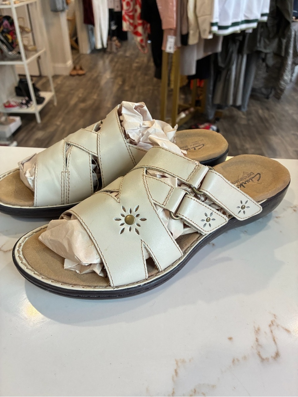 Clarks Cream Slip-On Floral Cutout Sandals